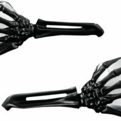 SKELETON HAND MIRRORS WITH BLACK STEMS AND CHROME HEADS