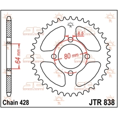 JTR838.38 REAR REPLACEMENT SPROCKET 38 TEETH 428 PITCH NATURAL C49 HIGH CARBON STEEL