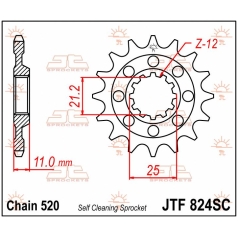 JTF824.14SC FRONT SELF CLEANING SPROCKET 14 TEETH 520 PITCH NATURAL CHROMOLY STEEL ALLOY
