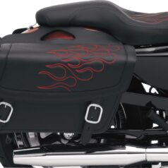 SADDLEBAG 3D EMBROIDERED FLAME DESIGN UNIVERSAL SYNTHETIC LEATHER BLACK/ RED