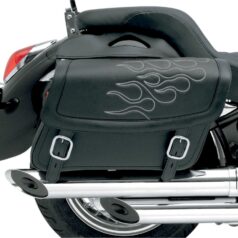 SADDLEBAG 3D EMBROIDERED FLAME DESIGN UNIVERSAL SYNTHETIC LEATHER BLACK/ SILVER