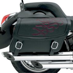 SADDLEBAG 3D EMBROIDERED FLAME DESIGN UNIVERSAL SYNTHETIC LEATHER BLACK/ DARK RED