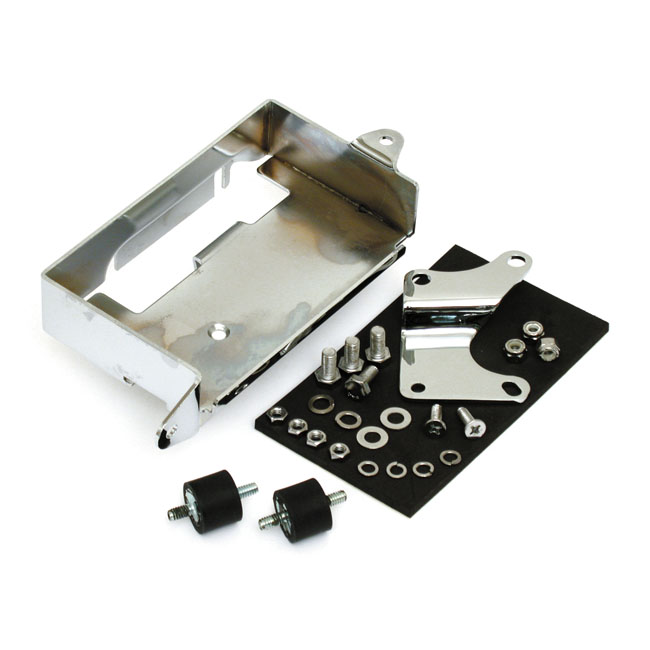 Battery carrier tray. Chrome - 73-79 FX-modeller (endast elektrisk start)