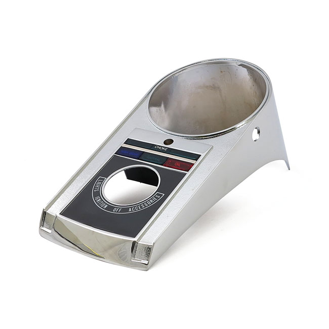 Die-cast aluminum dash cover, 68-90 style. Chrome - 68-84 FL; 71-72 FX; 84-90 Softtail; 80-86 FXWG
