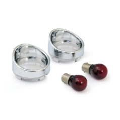 Turn signal lens set with visor. Clear lens, red bulb - 00-24 H-D med kulblinkers med pop-off lins (exkl. V-Rod, Street och modeller med dubbla bakljus/blinkers setup)