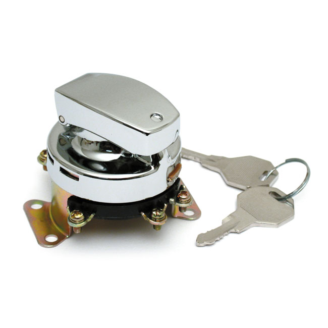 FL style ignition switch. 6-pole, flat key, chrome - 73-95 FL, FX, FXWG modeller med dubbel bränsletank monterad tändning