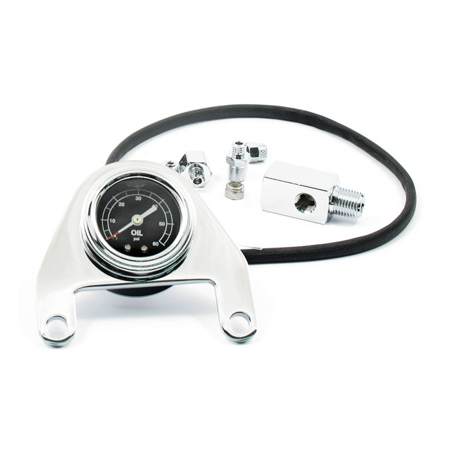 Oil pressure gauge kit rocker box, 0-60 PSI. Chrome - Twin Cam: 00-17 Softail; 99-05 Dyna; 99-05 FLHT; 99-13 FLHR