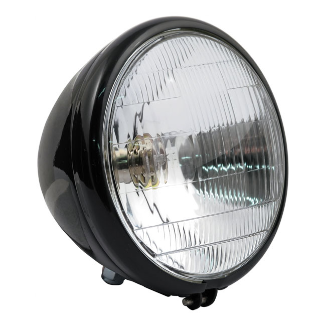 6-1/2" Springer headlamp assembly. 12V. Black - 36-54 H-D med Springer gafflar. Med 12V omvandling