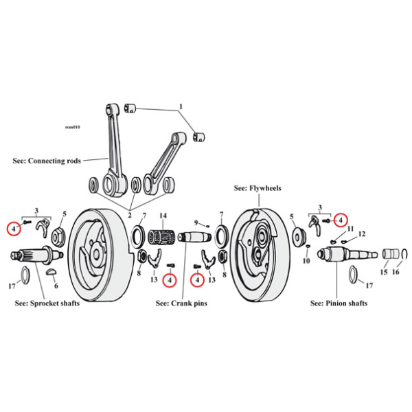 Slot screw 10/24 x 3/8 - 48-E81 Big Twin; 54-E81 XL Sportster: Vevtappsmutterhållare. 
61-84 XL Sportster: Oljetätning och packningshållare bakom transmissionens kedjehjul. 
58-69 XL Sportster: Inspektionsskydd. - Bild 2