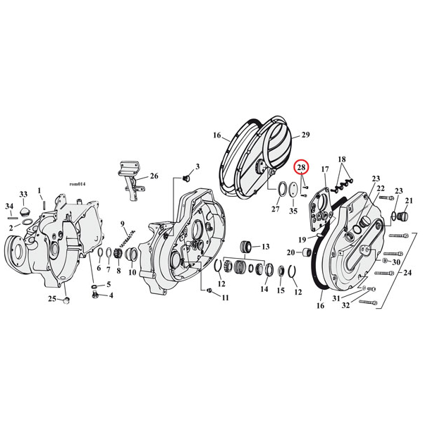Slot screw 10/24 x 3/8 - 48-E81 Big Twin; 54-E81 XL Sportster: Vevtappsmutterhållare. 
61-84 XL Sportster: Oljetätning och packningshållare bakom transmissionens kedjehjul. 
58-69 XL Sportster: Inspektionsskydd. - Bild 3