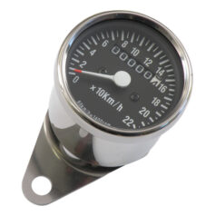 Mini speedometer, 2:1 mph chrome with black face plate - De flesta modeller med framhjulsdrift; Några tidiga modeller med transmissionsdrift