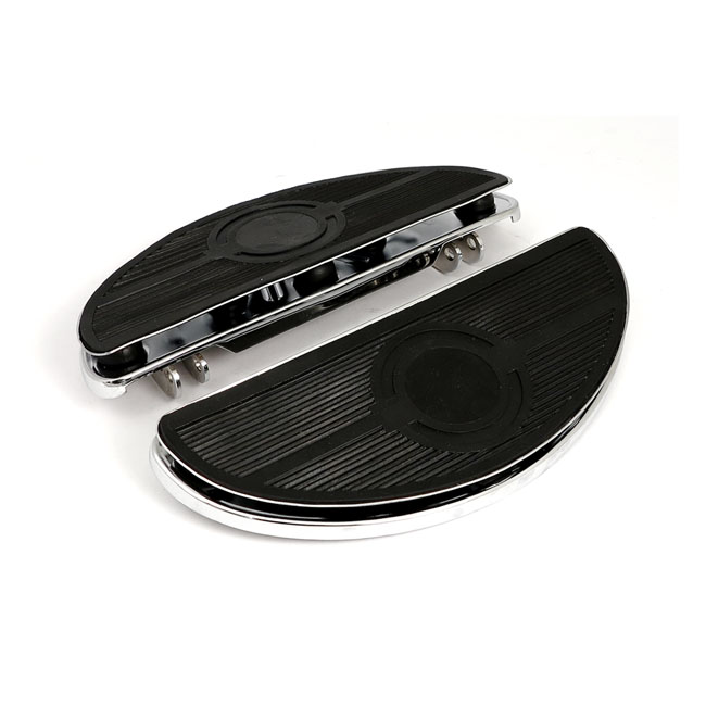 Oval early style floorboards. with dampers. Chrome - 86-17  FL Softail; 12-16  Dyna FLD Switchback; 83-24 FLT/Touring; 09-24 Trikes