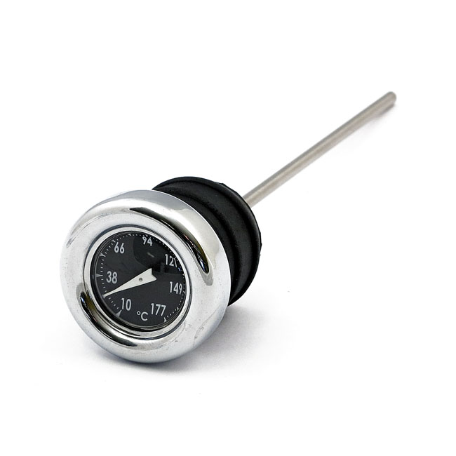 Oil tank dipstick with temperature gauge. Chrome black face - 70-84 Big Twin; 70-78 XL SportsterCH; vissa anpassade tankar