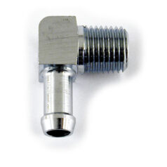 Oil hose fitting, 90 degrees. 1/4" NPT to 5/16". Chrome