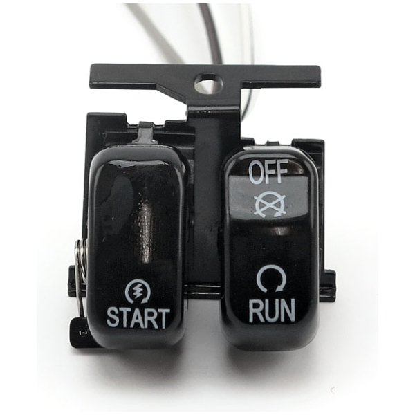 Run/off/start, handlebar switch set. Black - 96-10 Softail; 96-11 Dyna; 96-13 FLT/Touring; 96-13 XL Sportster; 02-13 V-Rod