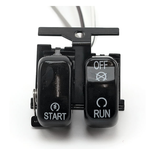 Run/off/start, handlebar switch set. Black - 96-10 Softail; 96-11 Dyna; 96-13 FLT/Touring; 96-13 XL Sportster; 02-13 V-Rod