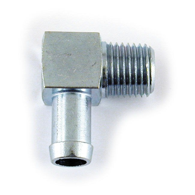 Oil hose fitting, 90 degrees. 1/4" NPT to 3/8". Chrome - Transmission: 87-98 FLT/Touring ; 
Motor: 87-90 FXR; 91-92 Softtail