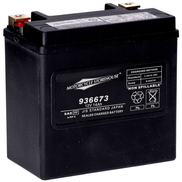 MCS, standard series - AGM sealed battery. 12v, 14ah. 240cca - 04-22  XL Sportster; 21-24 RH1250S Sportster S; 22-24 RH975T Nightster; 2024 RH975S Nightster Special; 08-12  XR1200; 14-20  XG500/750 Street; 17-20  XG750A Street Rod; 08-10  Buell 1125R/CR; 21-23  RA1250 Pan America; 21-23  RA1250S Pan America Special