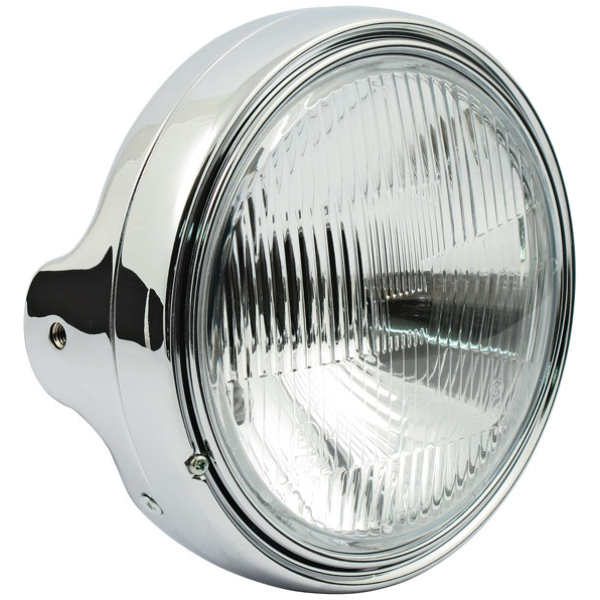 LTD style 7" H4 headlamp. Side mount. Chrome