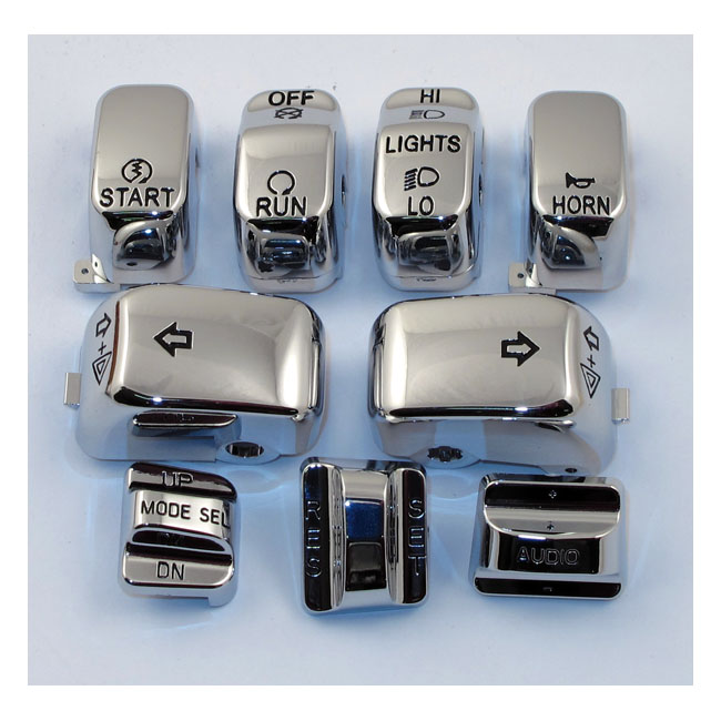 HANDLEBAR SWITCH CAP KIT, CHROME - 96-13 FLHT, FLHTC, FLHX, FLTRX; 10-11 FLHXXX. (med farthållare)