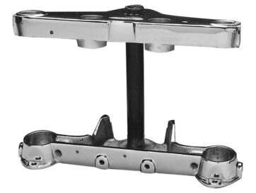 51-65 Panhead, 49-50 E, 49-50 EL, 49-50 ES, 49-50 F, 49-50 FL, 66-79 FL Shovel, 80-84 FLH, 80-84 FLHC, 80-84 FLHS, 82-84 FLHP, 83-84 FLHT, 83-84 FLHTC, 83-84 FLHTPTriple Tree for Early FL Big Twin 4-Speed Models Upper, Backside not drilled and tapped for headlight tins Chrome