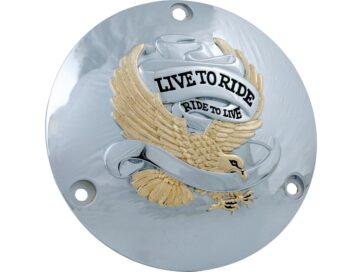 70-84 FL Shovel, 71-84 FX Shovel, 85-94 FX Model, 91-98 Dyna, 84-98 Softail, 86-98 TouringLive To Ride Derby Cover 3-hole Chrome Gold