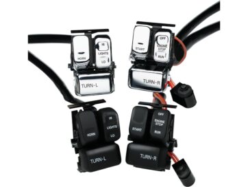 96-06 Sportster, 96-06 Dyna, 96-06 Softail, 96-06 Touring, 02-06 V-Rod96-up Ergonomic Replacement Engine Start and Stop Switch Engine/Stop/Start Switch Chrome