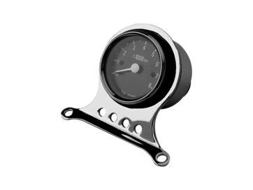 73-03 Sportster, 73-84 FX Shovel, 85-94 FX Model, 91-03 Dyna, 84-03 Softail2 1/2" Mini Speedometer Kit Scale: km/h; Scale Color: black; Ratio: 2:1 Chrome 63.5 mm