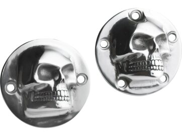 70-84 FL Shovel, 71-84 FX Shovel, 85-94 FX Model, 91-98 Dyna, 84-99 Softail, 85-98 Touring, 04-20 SportsterForward Facing Skull Point Cover 2-hole Aluminium Polished