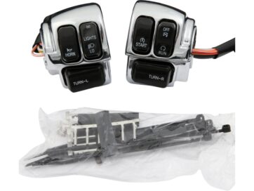 06-13 Sportster, 06-11 Dyna, 06-10 Softail, 07-13 FLHRC, 07 FLHRS, 07 FLHRSE3, 07-10, 13 FLHR, 08 FLHRSE4, 13 FLHRSE5, 06 FLHRCI, 06 FLHRI, 06 FLHRSIChrome Handlebar Switch Housing Kit with Switches With Black Switches