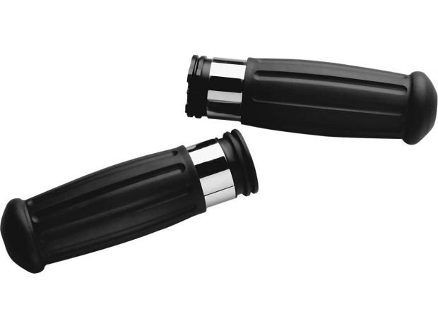 96-20 Sportster, 96-17 Dyna, (except 16-17 FXDLS), 96-15 Softail, (except 11 FLSTSE2, 12 FLSTSE3, 13-14 FXSBSE, 14-15 FLSTNSE), 96-07 Touring, 02-17 V-RodVintage Grips with Chrome accents Black 1" Throttle Cables