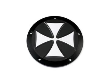 70-84 FL Shovel, 71-84 FX Shovel, 85-94 FX Model, 91-98 Dyna, 84-98 Softail, 86-98 TouringIron Cross Derby Cover 3-hole Black Satin