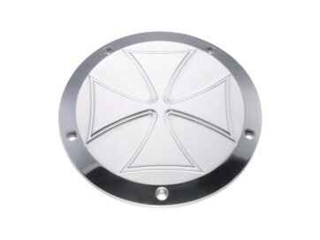 99-05 Dyna, 00-05 Softail, 99-05 TouringIron Cross Derby Cover 5-hole Aluminium Polished