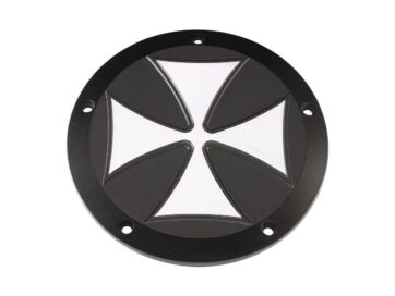 99-05 Dyna, 00-05 Softail, 99-05 TouringIron Cross Derby Cover 5-hole Black Satin