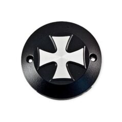 70-84 FL Shovel, 71-84 FX Shovel, 85-94 FX Model, 91-98 Dyna, 84-98 Softail, 85-98 Touring, 04-20 SportsterPoint Cover Iron Cross, 2-hole Black Satin