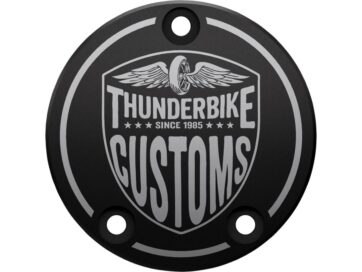 99-17 Dyna, 00-17 Softail, 99-16 Touring, 09-16 TrikeNew Custom Point Cover 3-hole, with Thunderbike Logo Black Anodized