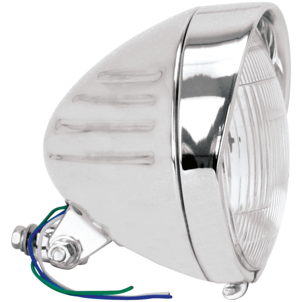CHROME SPRINGER STYLE HEADLIGHT, LATE MODEL WITH GROOVES AND VISOR GZP Grooved 6 1/2" headlight H4 12V 60/5