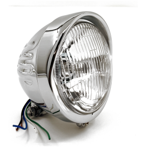 CHROME SPRINGER STYLE HEADLIGHT, LATE MODEL WITH GROOVES AND VISOR GZP Chrome 6" Headlight H4 55/60 E-ap