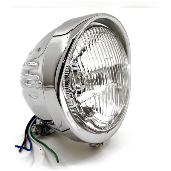 CHROME SPRINGER STYLE HEADLIGHT, LATE MODEL WITH GROOVES AND VISOR GZP Chrome 6" Headlight H4 55/60 E-ap