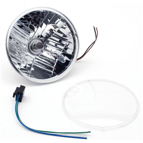 7" BOTTOM MOUNT HEADLIGHT GZP 6.5" EU H4-unit w/bulb D-cut ref clr