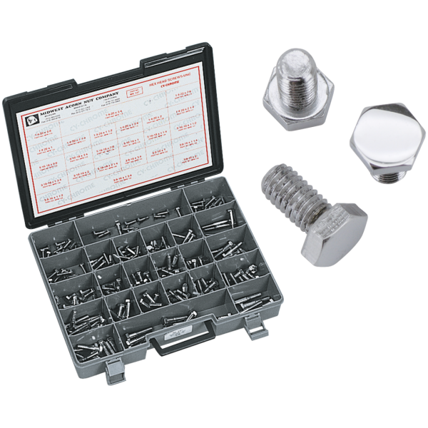 CHROME PLATED HEX HEAD CAP SCREWS ASSORTMENT Ass. tray hex head screws chr. 215pk UNC