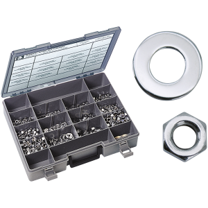CHROME PLATED NUTS AND WASHERS ASSORTMENT Ass. tray lock wash./hex nuts/flat wash.