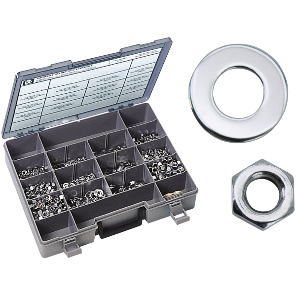 CHROME PLATED NUTS AND WASHERS ASSORTMENT Ass. tray lock wash./hex nuts/flat wash.