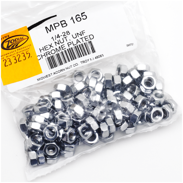 CHROME PLATED NUTS AND WASHERS ASSORTMENT 100pck Chrome hex nut 1/4-28 UNF