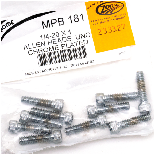 CHROME PLATED ALLEN HEAD SCREWS ASSORTMENT (1) 10pck Chrome allen screws 1/4-20x1