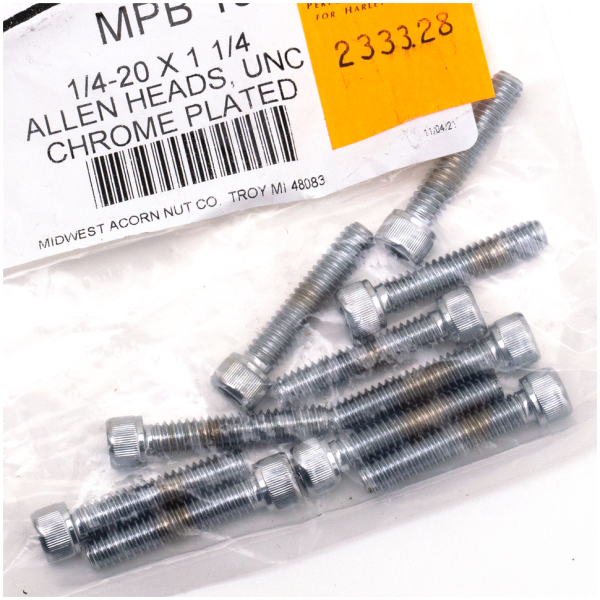 CHROME PLATED ALLEN HEAD SCREWS ASSORTMENT (1) 10pck Chrome allen screws 1/4-20x1-1/4"