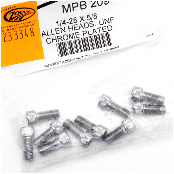 CHROME PLATED ALLEN HEAD SCREWS ASSORTMENT (1) 10pck Chrome allen screws 1/4-28x5/8