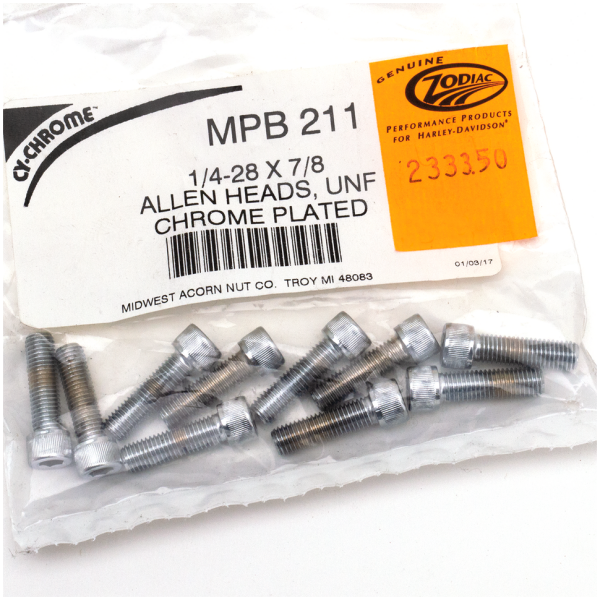 CHROME PLATED ALLEN HEAD SCREWS ASSORTMENT (1) 10pck Chrome allen screws 1/4-28x7/8