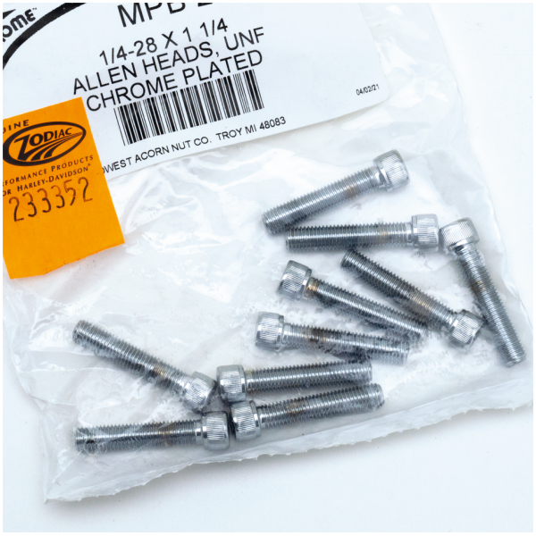 CHROME PLATED ALLEN HEAD SCREWS ASSORTMENT (1) 10pck Chrome allen screws 1/4-28x1-1/4"
