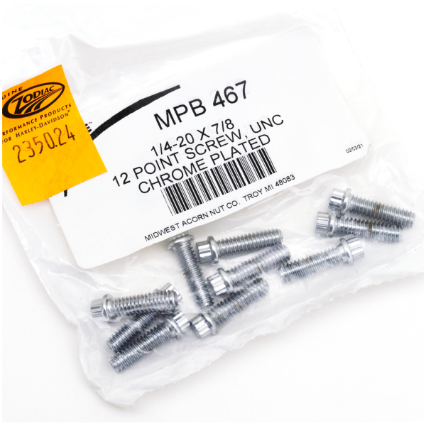 CHROME PLATED 12 POINT BOLT ASSORTMENT TRAY 10pck 12-point bolts,1/4-20 x 7/8", UNC